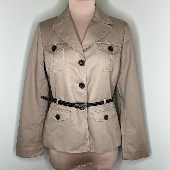 Ann Taylor LOFT Belted Jacket Medium Petite Womens Safari Utility Cargo Khaki - Picture 1 of 9
